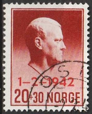 FRIMÆRKER NORGE | 1942 - AFA 280 - Quisling 1-2-1942. - 20+30 øre rødbrun - Stemplet